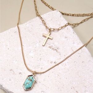 Turquoise Hexagon Stone Multi-layer Cross Necklace Handcrafted Boho Jewelry